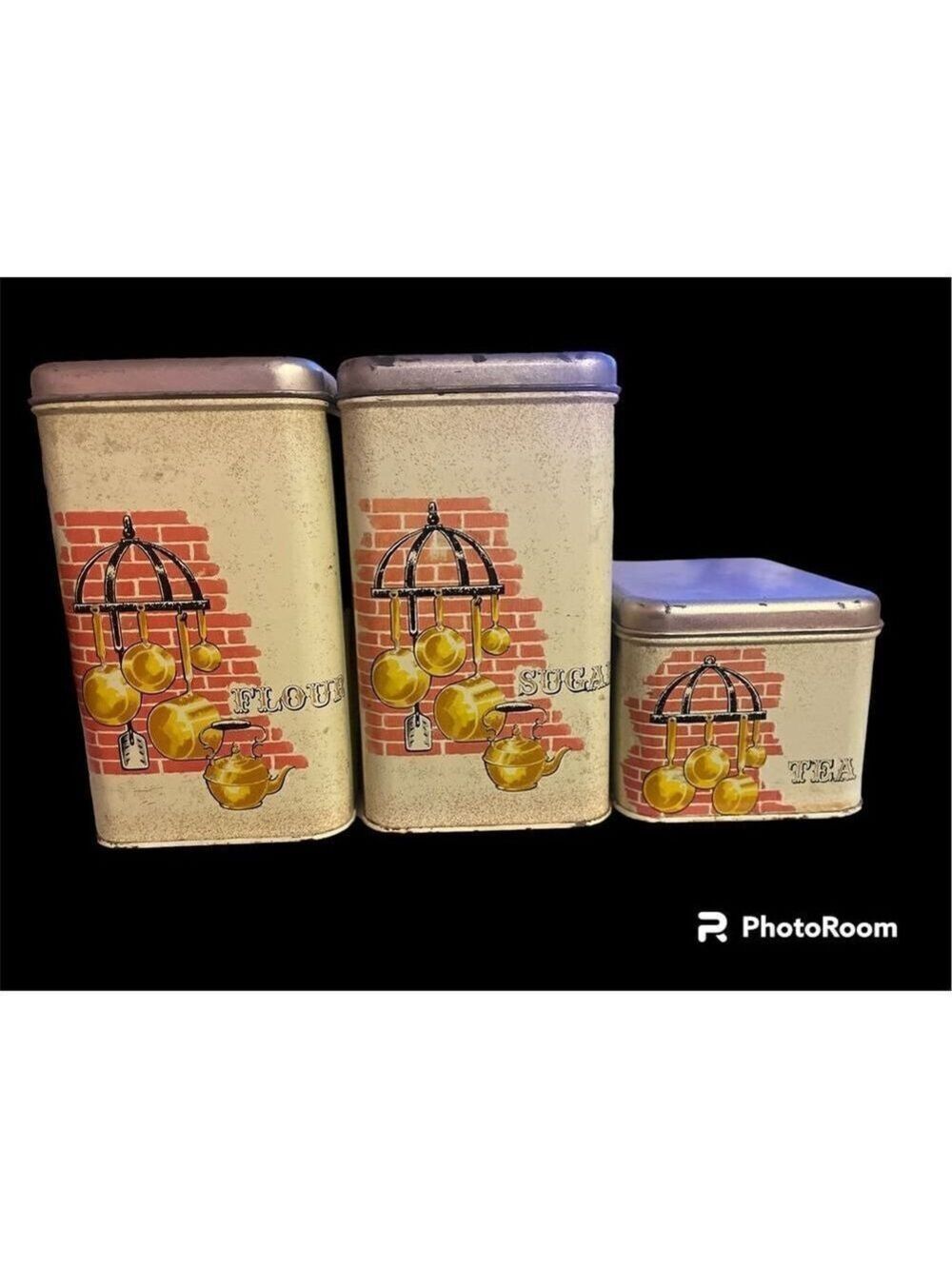 Vintage Tin canister flour sugar tea  tan red brickdesign